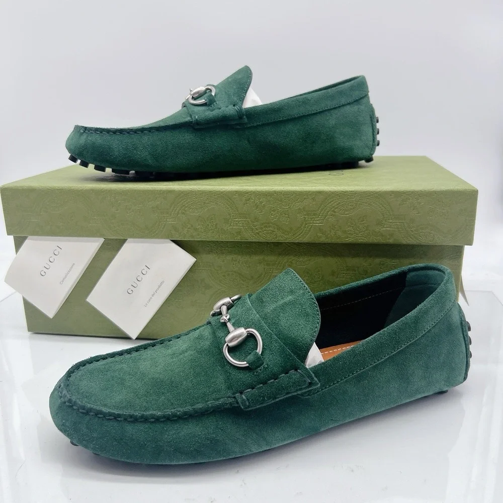 Gucci Driver Loafers Moccasin GG Horsebit Vintage Green Suede Womens UK 7 US 10